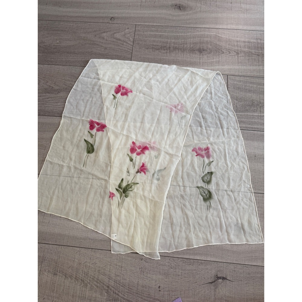 Vintage 100% Silk Scarf Hand Printed Floral Pink‎ Rose Sheer Hand Rolled Cream